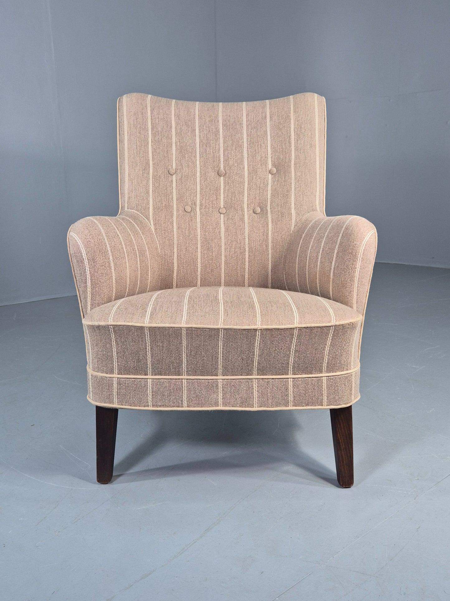 Vintage Danish Mid Century Lounge Chair Grey Cream Stripe 1960s Retro  EB12779