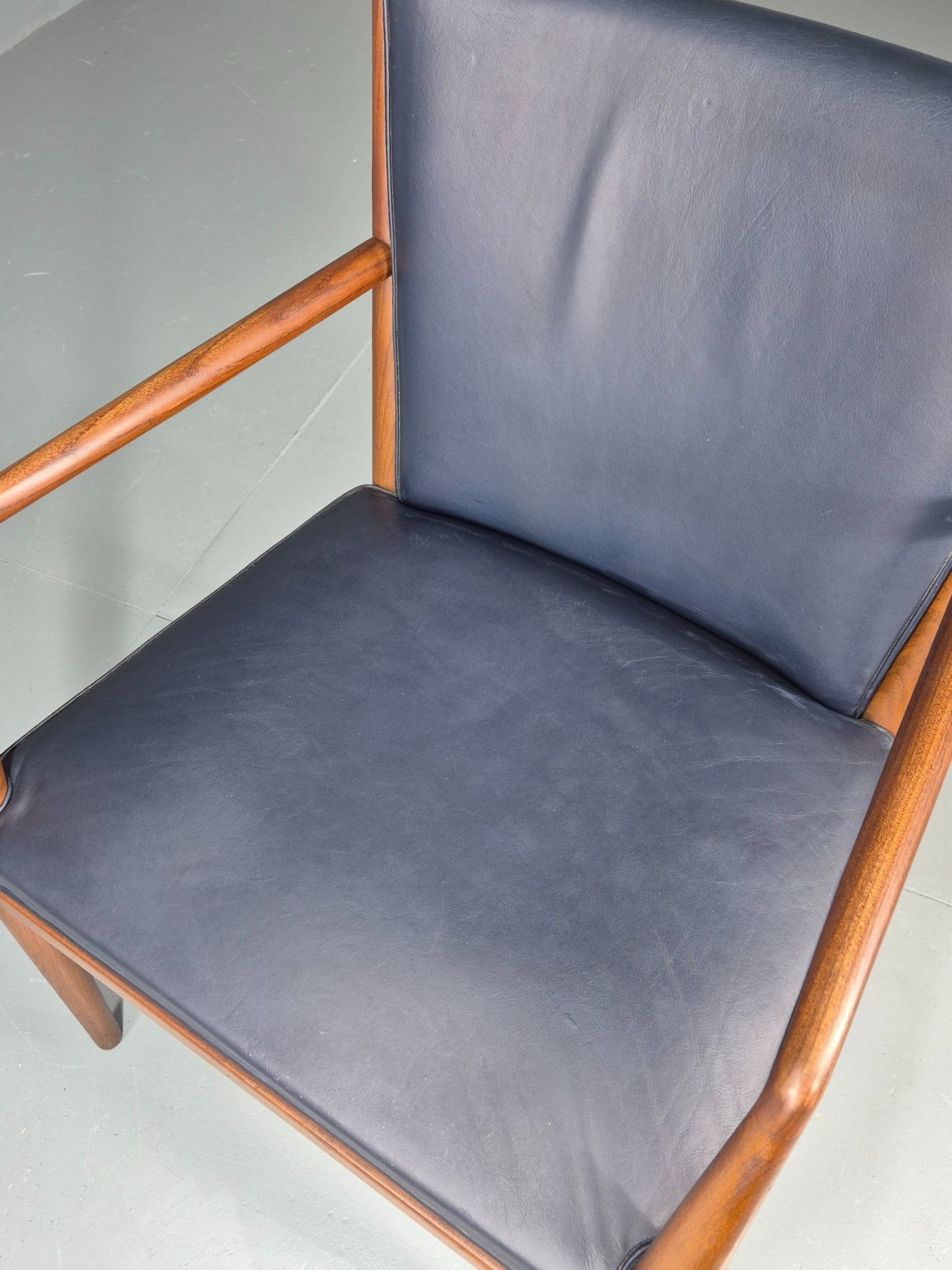 Vintage Mid Century Teak Armchair Blue Leather 1960s Retro EB11907