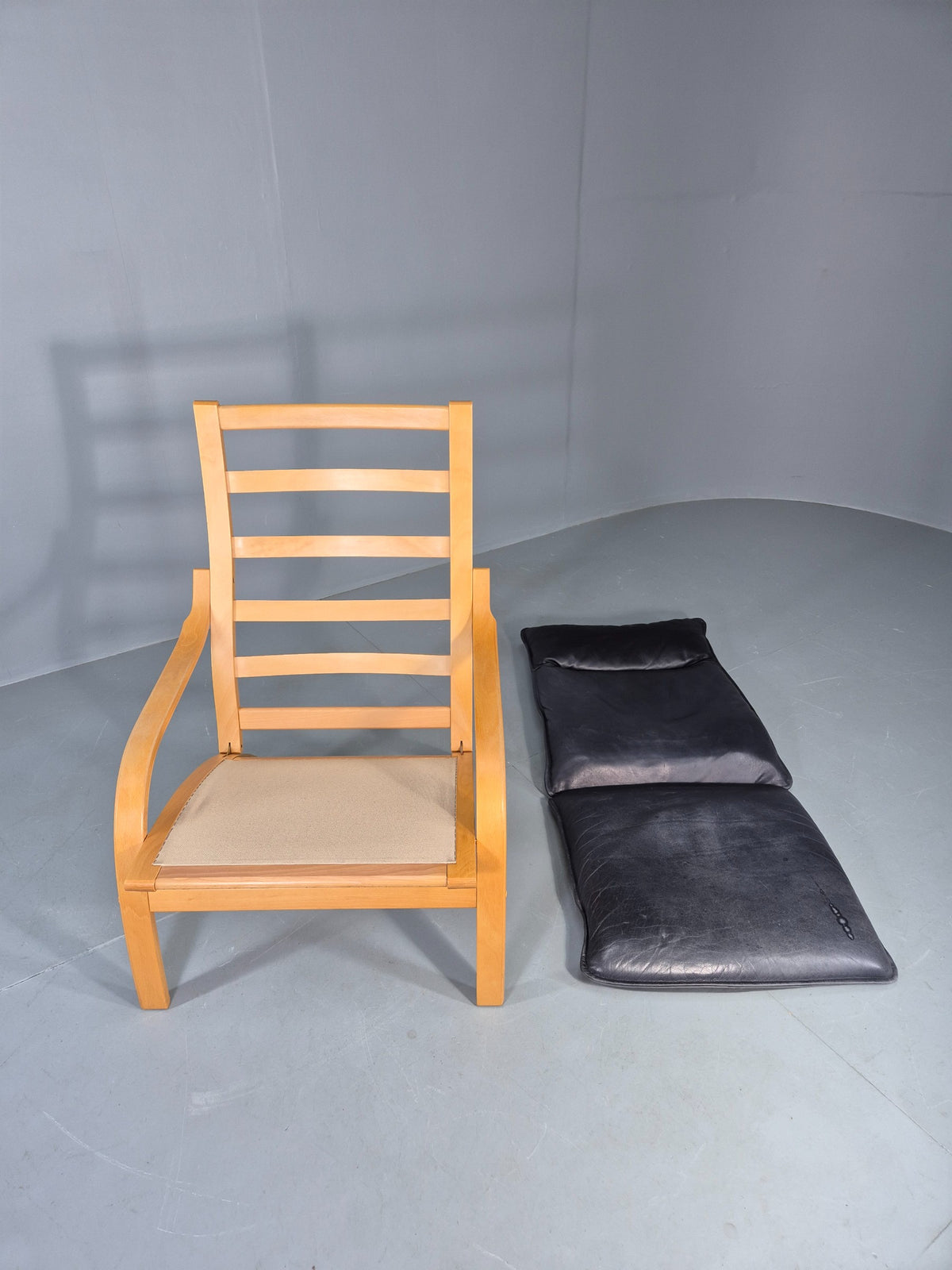 Vintage Danish Lounge Chair Bent Wood Frame Black Leather Cushion 1980s EB13077