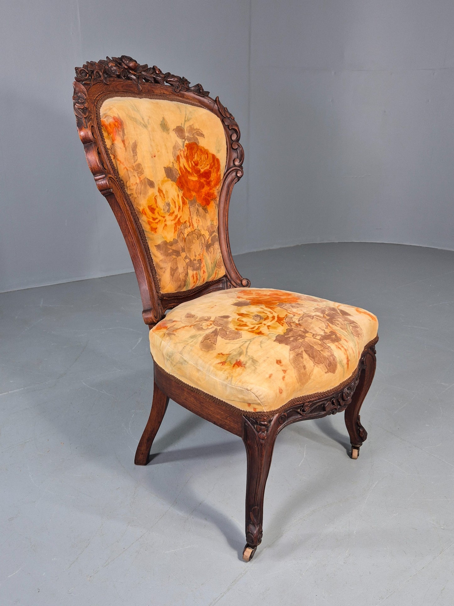 Antique Mahogany Baloon Back Armless Chair Floral Cotton Upholstery EB12793