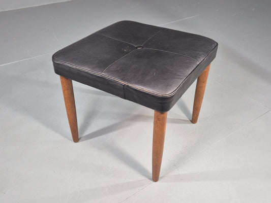 Vintage Mid Century Footstool Danish Black Leather Teak Legs 1960s Retro EB12097
