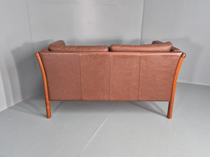Vintage 2 Seater Sofa Danish Brown Leather Wood Ends Retro 1980s EB8349 M2SS