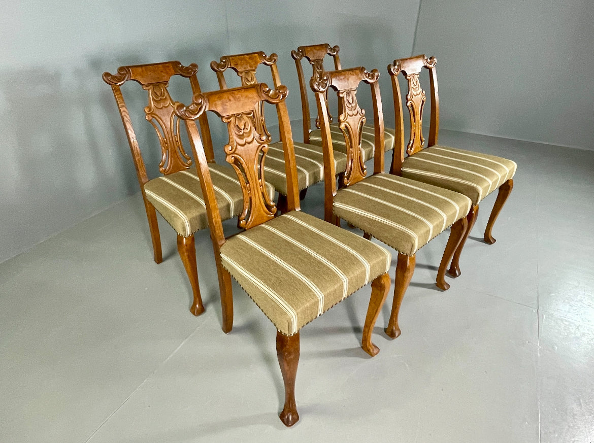 6 Vintage Antique Chippendale Style Danish Dining Chairs Walnut and Oak EB06709