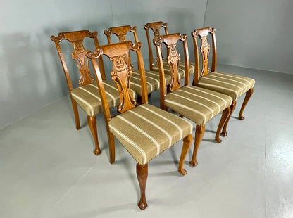 6 Vintage Antique Chippendale Style Danish Dining Chairs Walnut and Oak EB06709