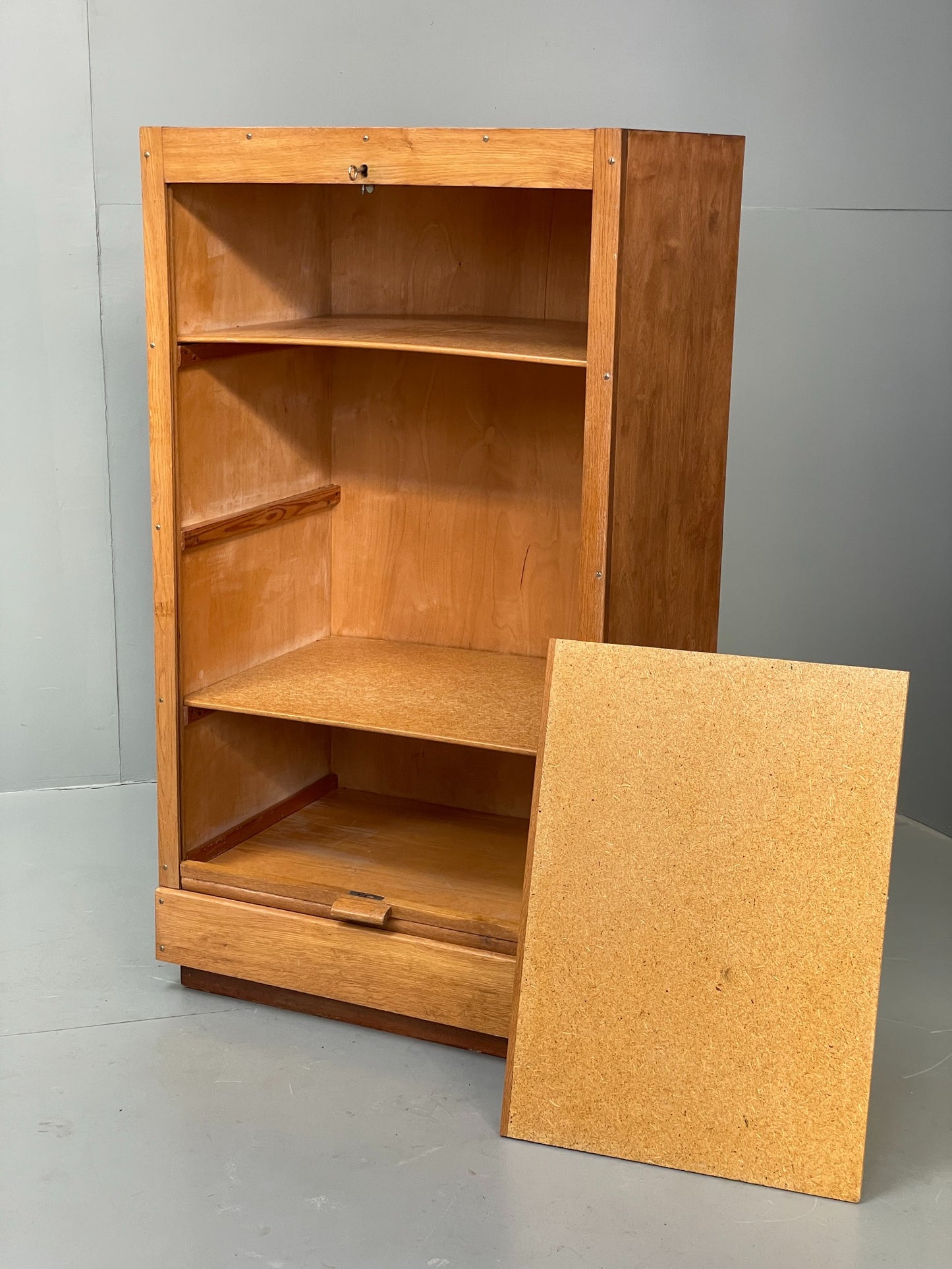 Vintage Tambour Fronted Cabinet Oak Walnut Danish Mid Century Shelving EB12516