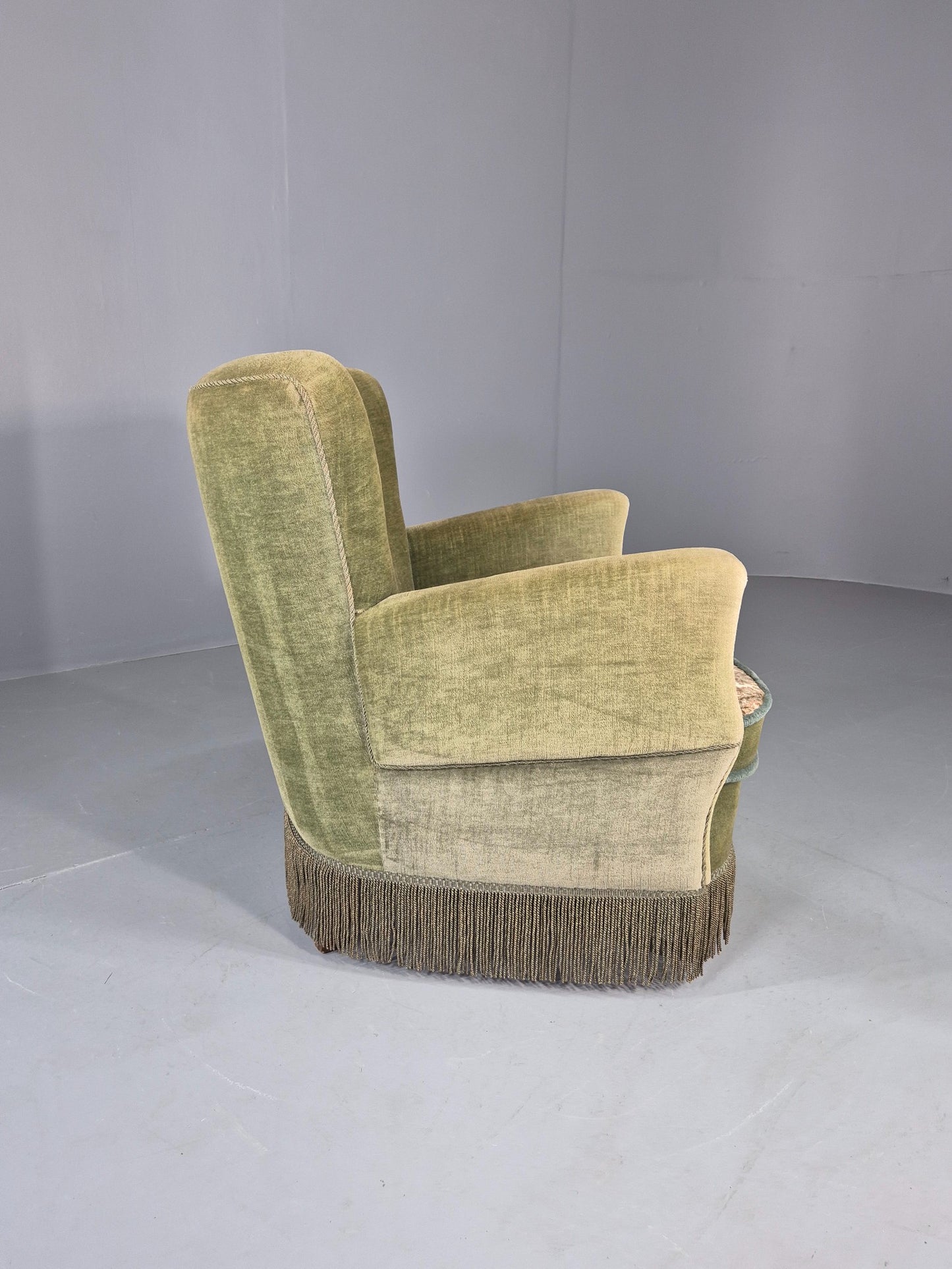 Vintage 1950s Armchair Danish Design Green Velour Tassels Art Deco EB12711