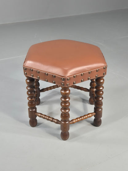 Vintage Stool Brown Vinyl Upholstery Oak Bobbin Turned Frame Hexagonal EB11306