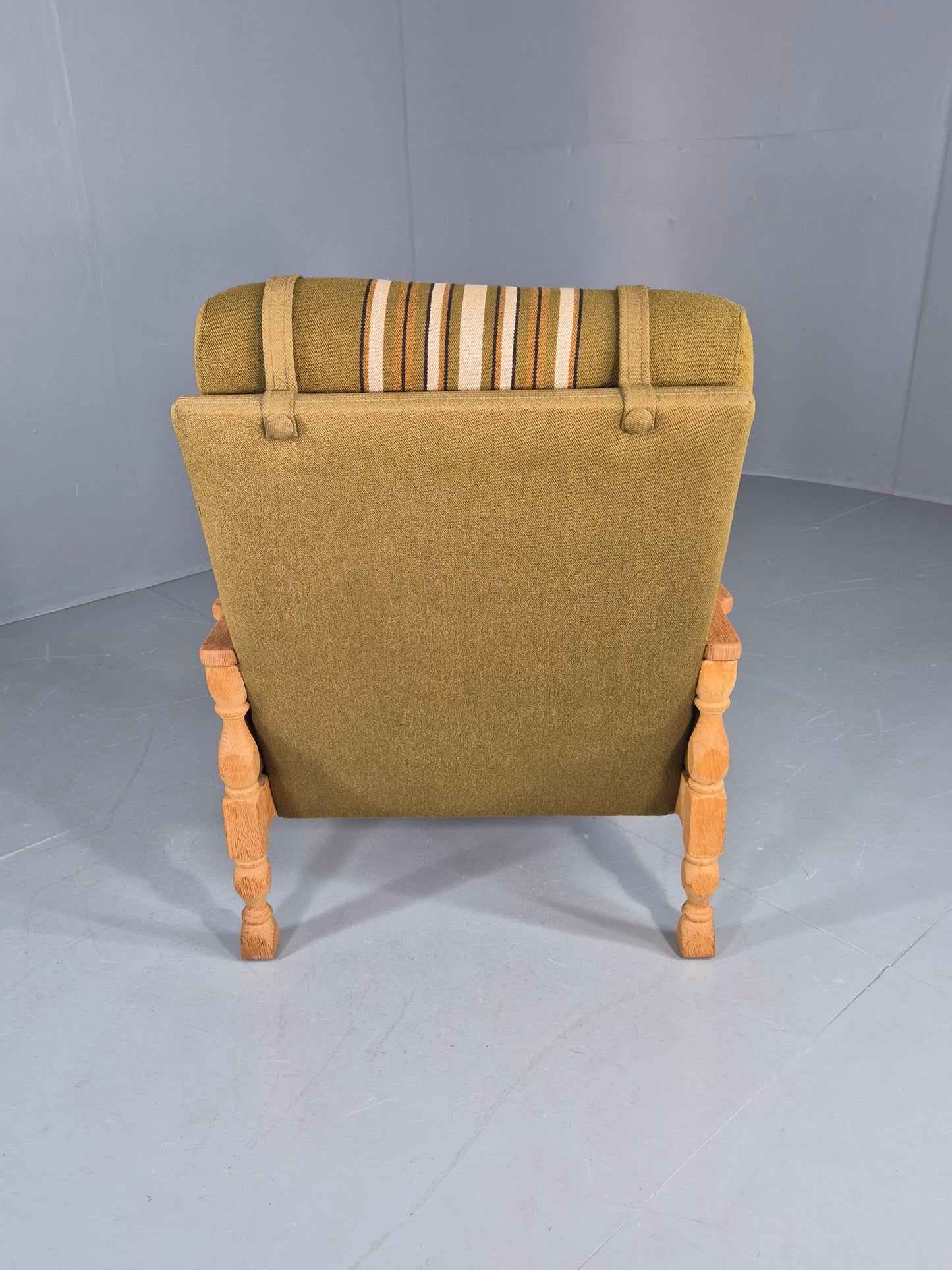 Vintage High Back Kjearnulf Arm Chair Oak Frame Green Stripe 1970s Retro EB12736