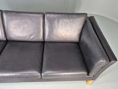 Vintage 3 seater sofa Danish Black Leather and Vinyl 1980s Retro EB11642