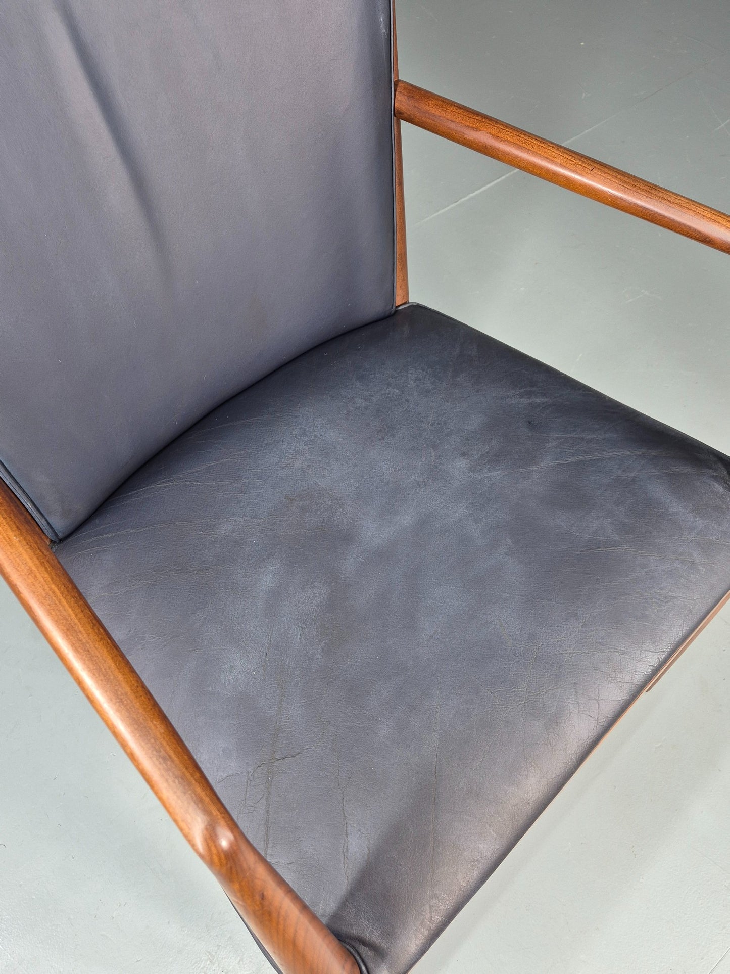 Vintage Mid Century Teak Armchair Blue Leather 1960s Retro EB11899