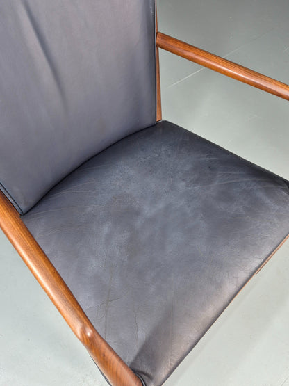 Vintage Mid Century Teak Armchair Blue Leather 1960s Retro EB11899