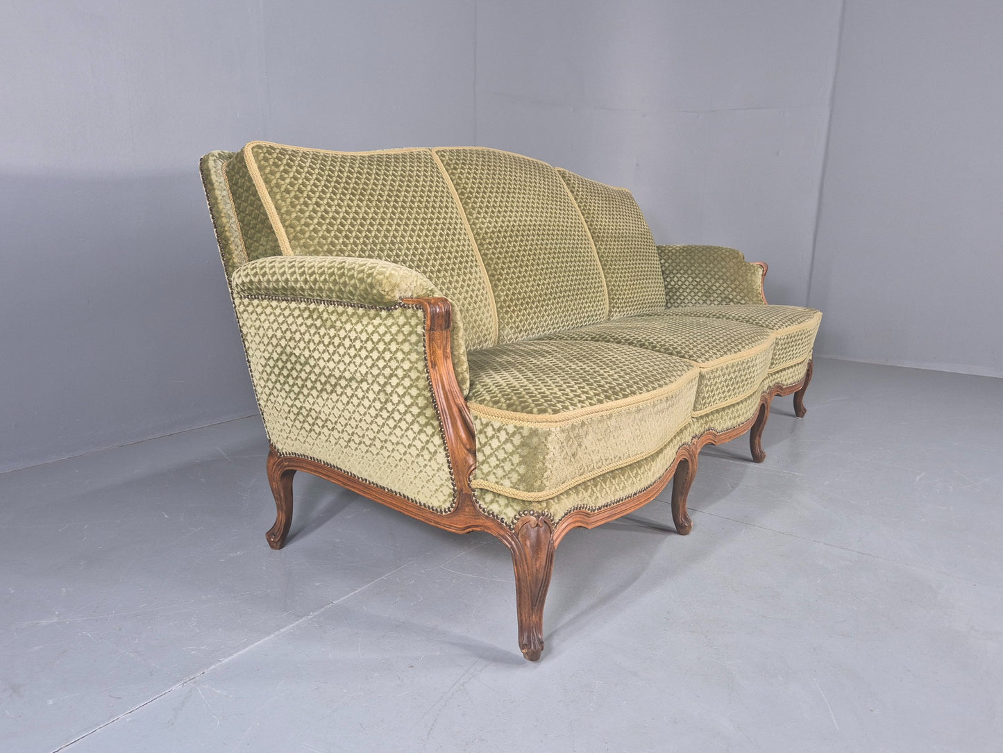 Vintage 3 Seater Sofa  Danish Rococo Style Carved Wood Green Velour  EB12705
