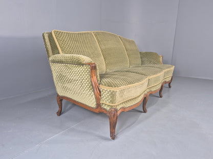 Vintage 3 Seater Sofa  Danish Rococo Style Carved Wood Green Velour  EB12705