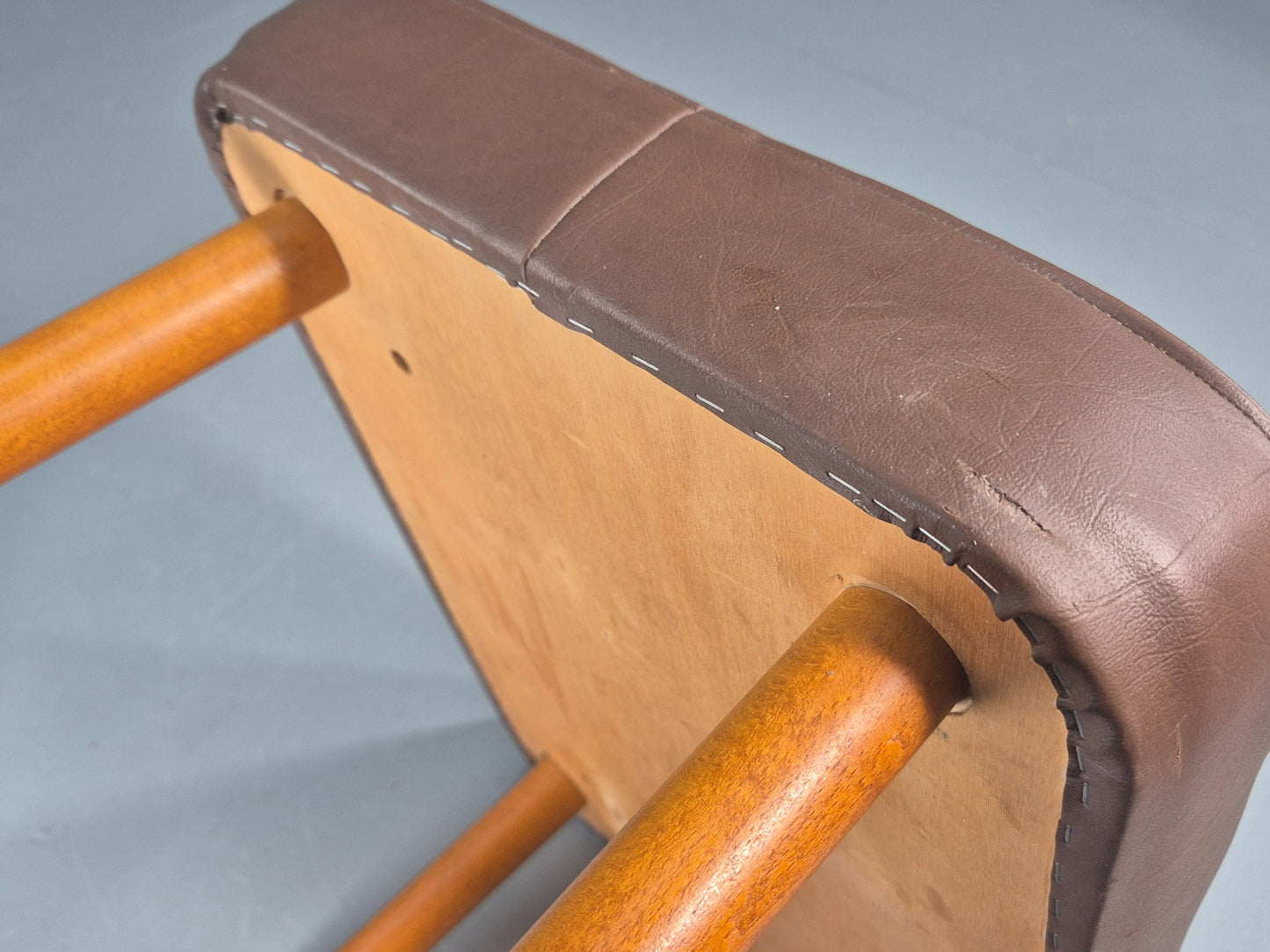 Vintage Danish Mid Century Footstool Brown Vinyl Beech Legs Retro 1960s EB12090