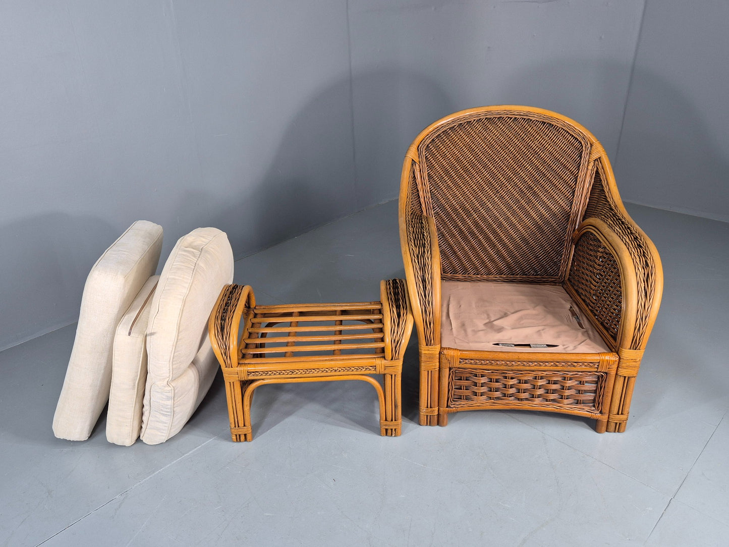 Vintage Bamboo and Rattan Chair and Footstool 1980s Retro Conservatory EB12808