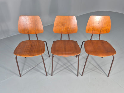 3 Vintage Danish Stacking Chairs Industrial Design Steel Teak Retro 60s Eb12491