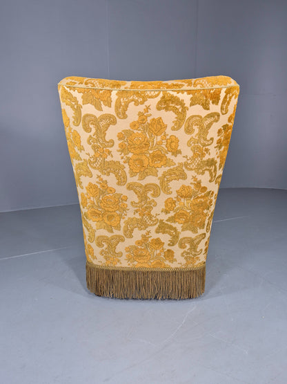 Vintage Danish 1970s Bedroom Tub Chair Gold Floral Flock Tassels EB12685