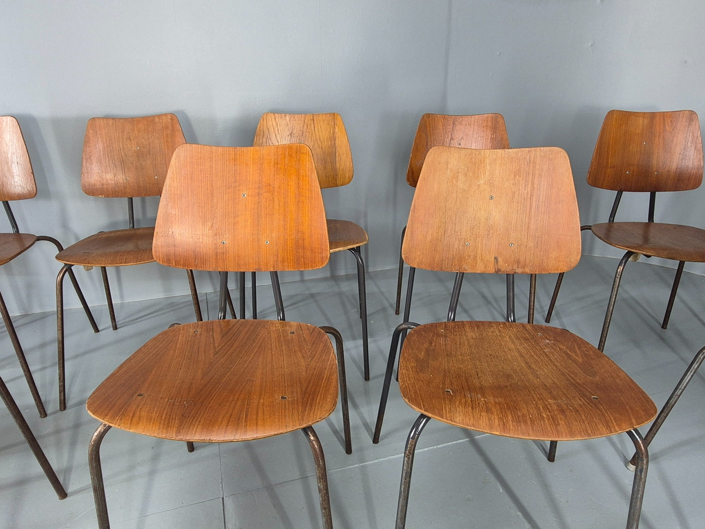 12 Vintage Danish Stacking Industrial Chairs Teak and Steel 1960s Retro EB12402