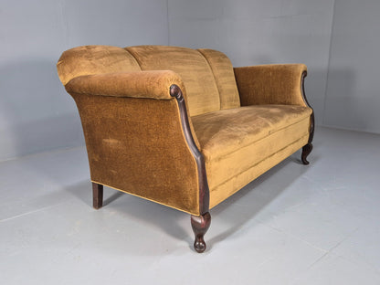 Antique 1920s Danish Sofa Mustard Velour Cabriole Legs EB09017