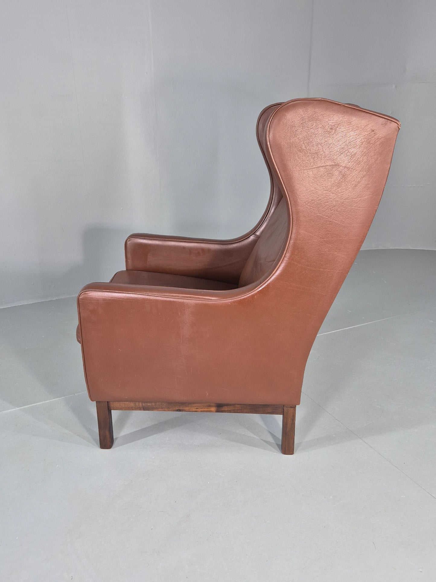 Vintage Lounge Chair Mid Century Danish Brown Leather Wingback Mogensen EB12377