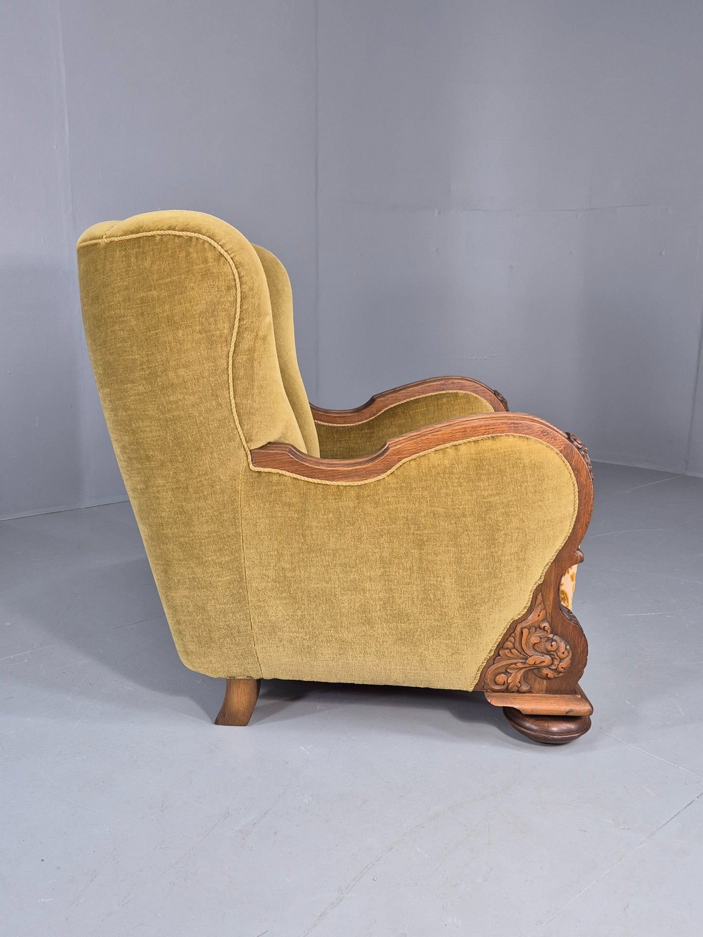 Vintage Danish Art Deco Lounge Chair Carved Oak Frame 1940s Green Floral EB12837