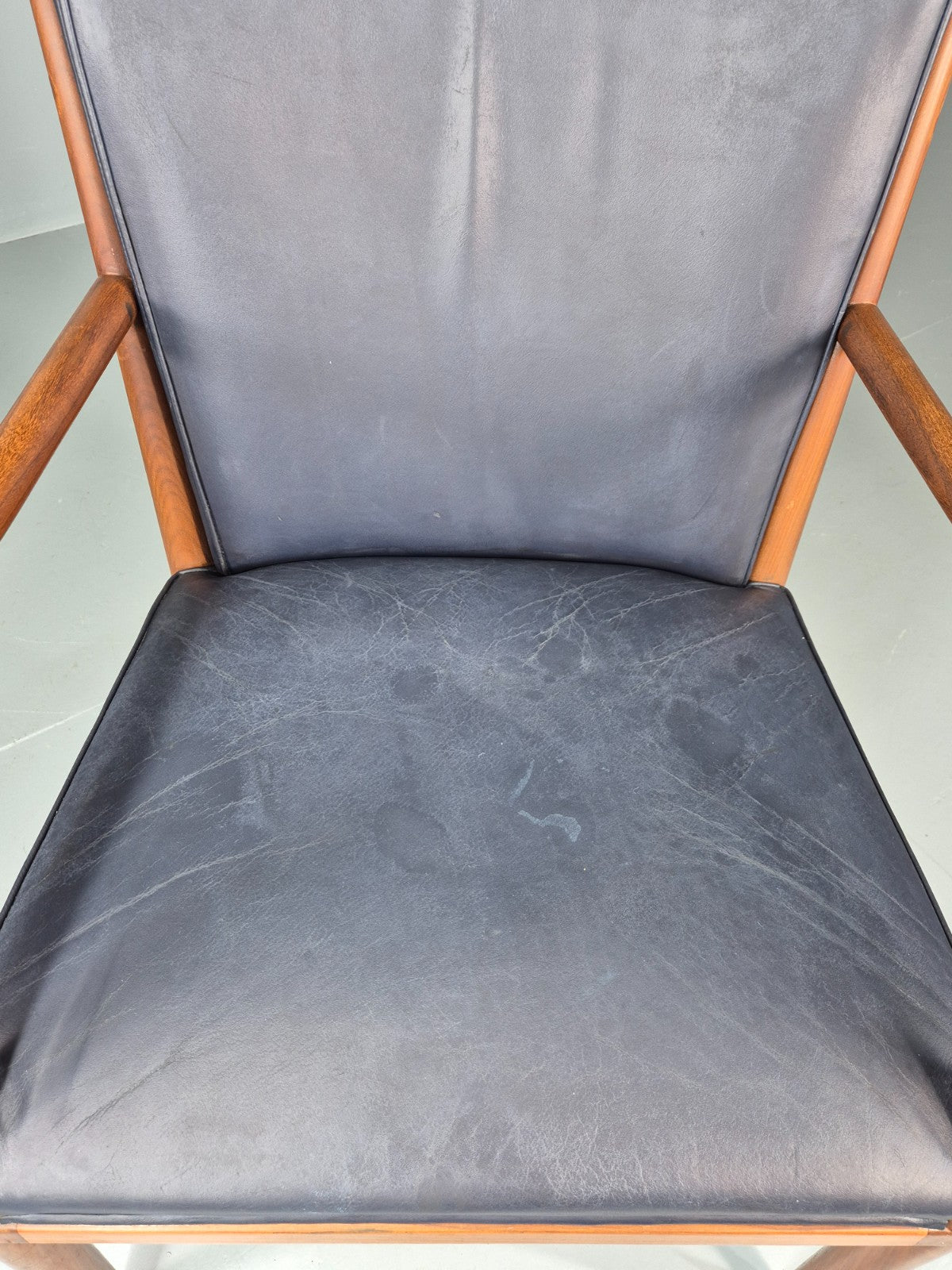 Vintage Mid Century Teak Armchair Blue Leather1960s Retro  EB11902