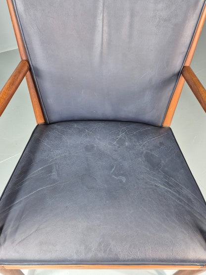 Vintage Mid Century Teak Armchair Blue Leather1960s Retro  EB11902