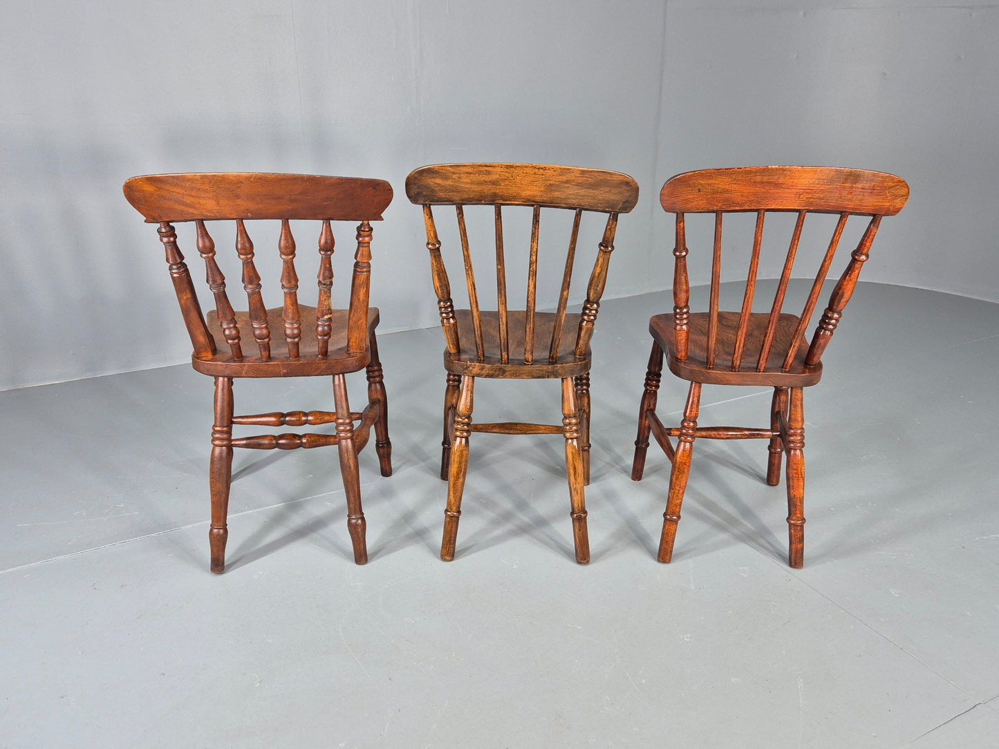 3 Antique Windsor Chairs Elm and Beech Spindle backs Victorian  EB12486
