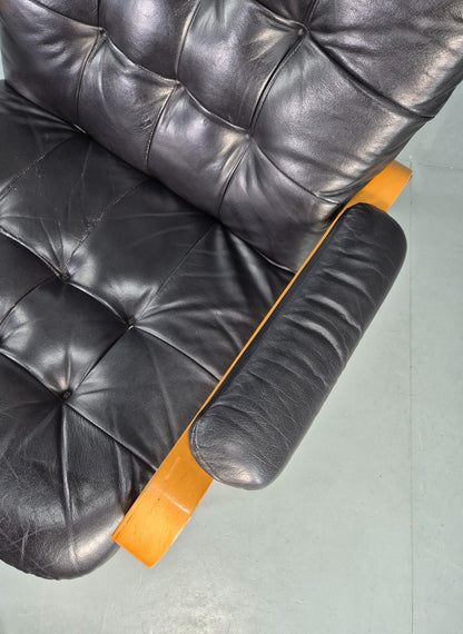 Vintage Danish Faux Leather Lounge Chair Bent Wood Frame 1980s Retro EB13074