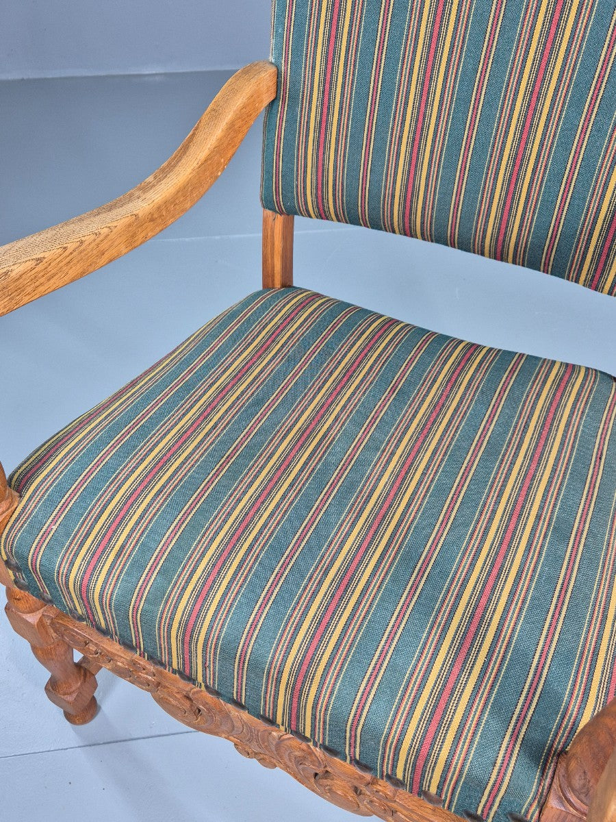 Vintage Danish Baroque Style Arm Chair Oak and Striped Wool 1960s  EB12460