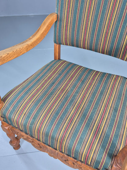 Vintage Danish Baroque Style Arm Chair Oak and Striped Wool 1960s  EB12460