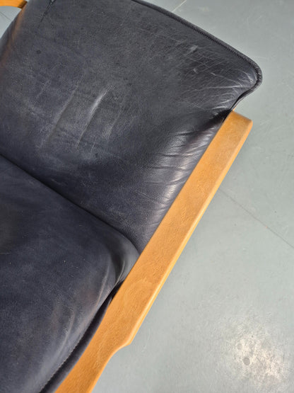 Vintage Danish Lounge Chair Bent Wood Frame Black Leather Cushion 1980s EB13077