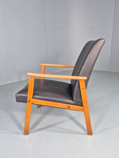 Vintage Teak Mid Century Lounge Chair 1960s Retro Black Vinyl  EB12690
