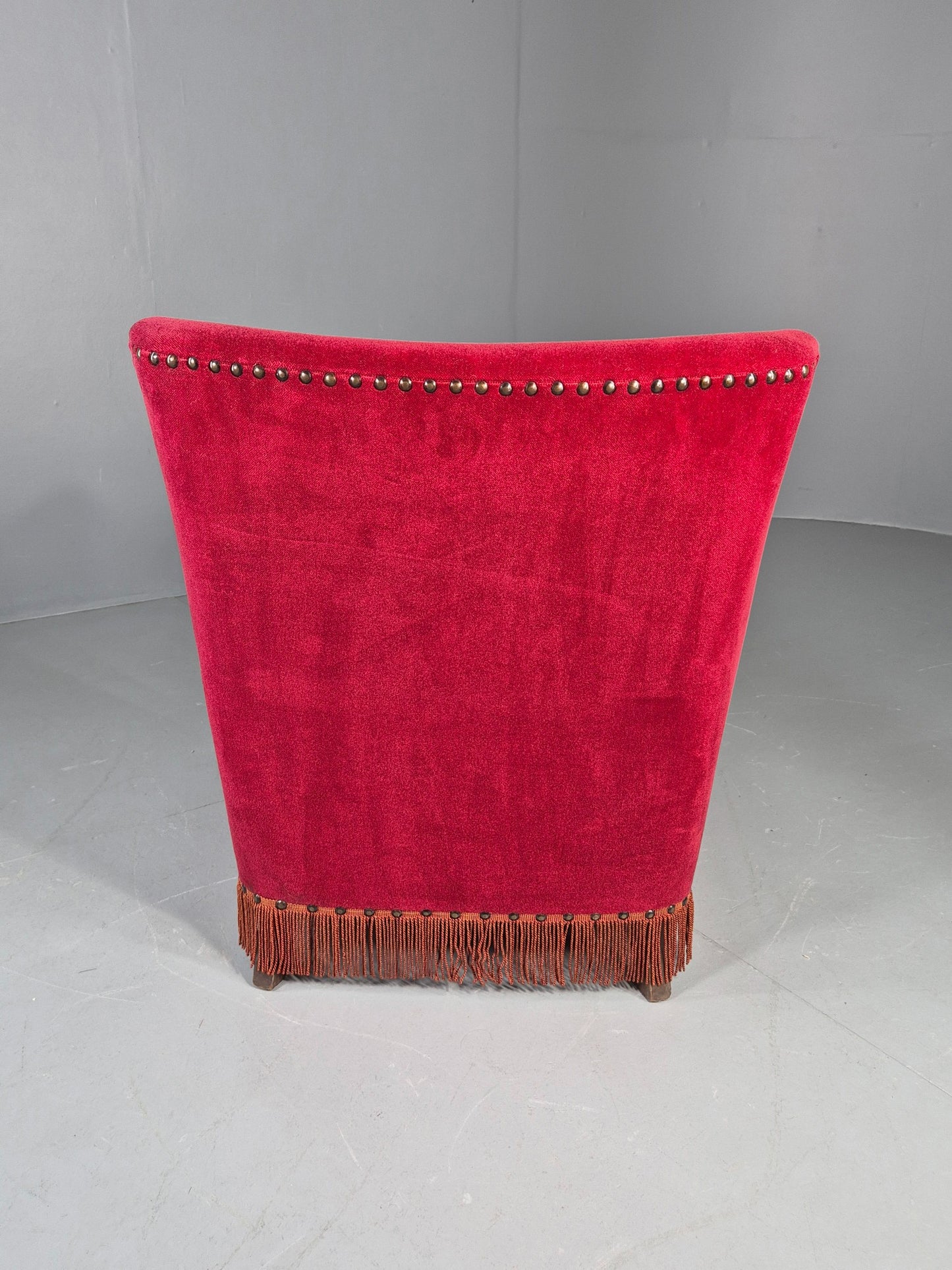 Vintage Wingback Lounge Chair Red Velour Cream Cushion Danish 1960s EB12762