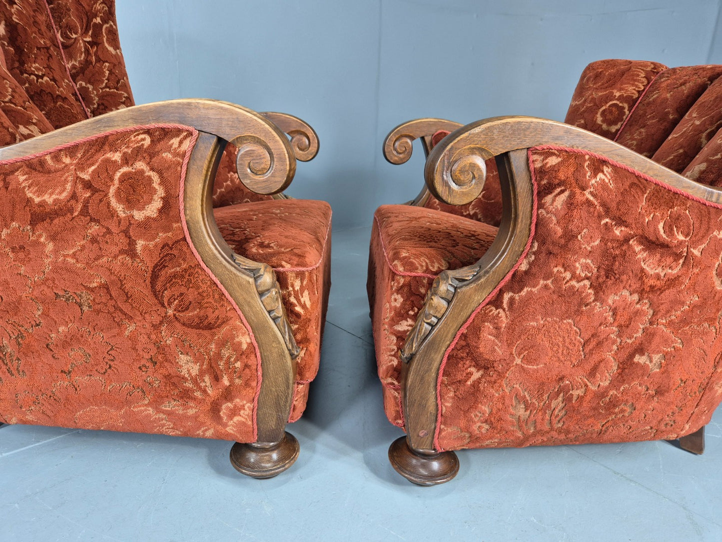 2 Vintage Danish 40s Lounge Chairs Carved Frame Cut Moquette Upholstery EB12906