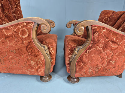 2 Vintage Danish 40s Lounge Chairs Carved Frame Cut Moquette Upholstery EB12906