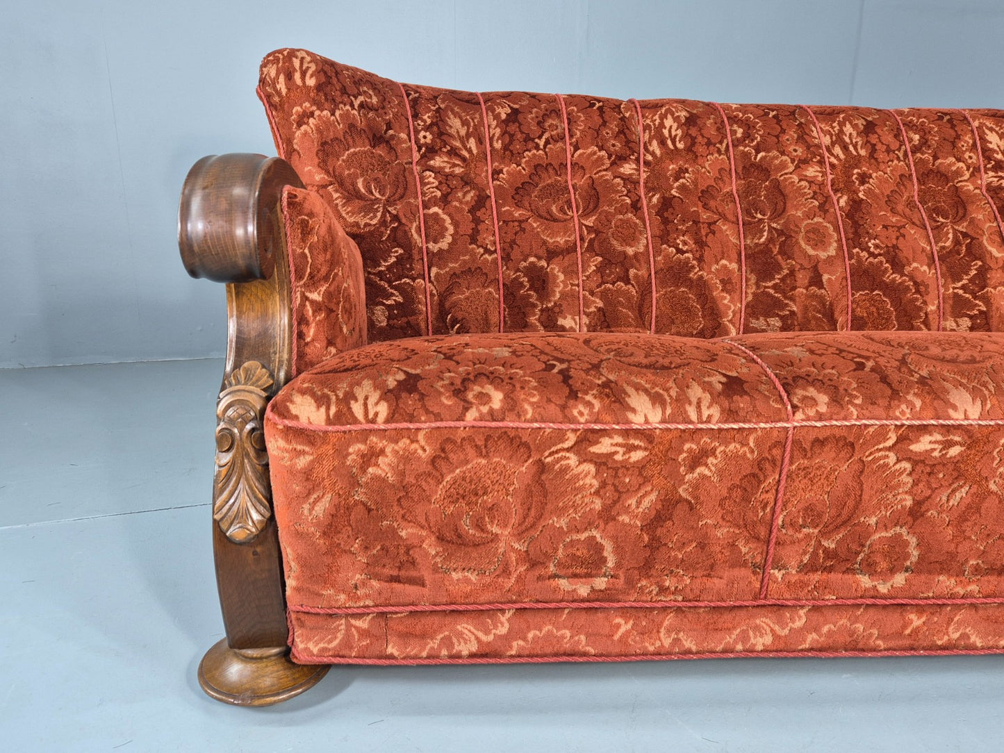 Vintage 3 Seat Sofa Danish Art Deco Era Carved Oak Frame Moquette Cloth EB12751