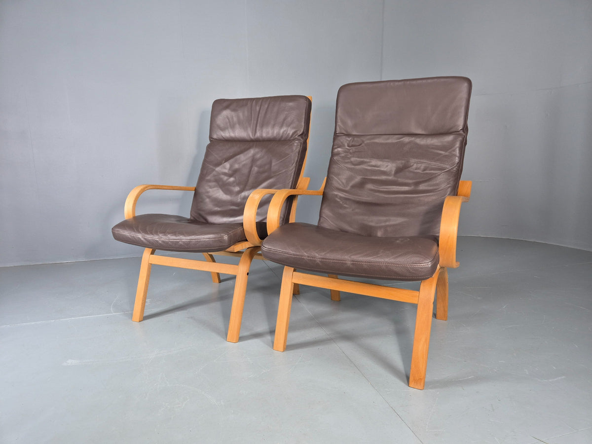 2 Vintage Danish Leather Lounge Chairs Bent Wood Frames 1980s Retro EB13073