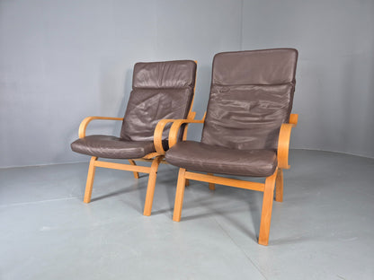 2 Vintage Danish Leather Lounge Chairs Bent Wood Frames 1980s Retro EB13073
