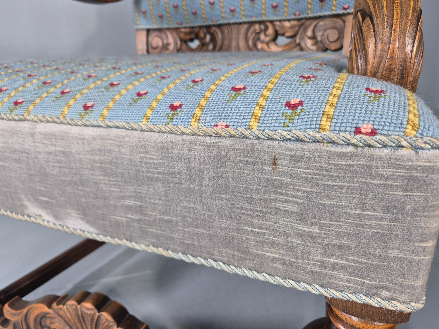 2 Vintage Danish Baroque Revival Lounge Chairs Oak Frame Tapestry Floral EB12643