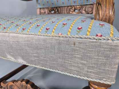 2 Vintage Danish Baroque Revival Lounge Chairs Oak Frame Tapestry Floral EB12643