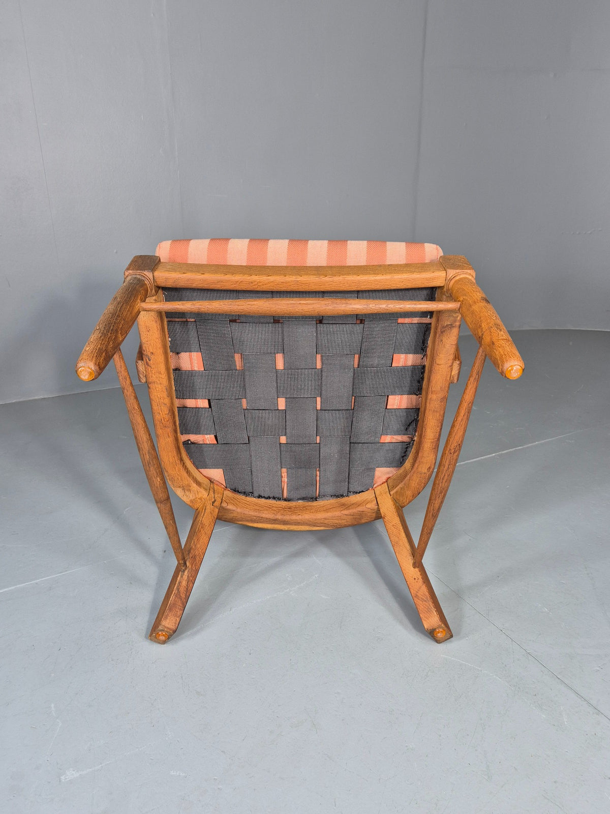 Vintage Danish Oak Lounge Chair 1950s Cottage Style Pink Striped Cotton EB12708