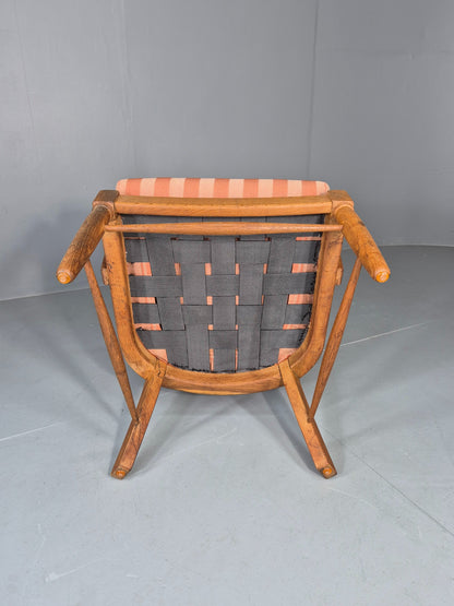 Vintage Danish Oak Lounge Chair 1950s Cottage Style Pink Striped Cotton EB12708