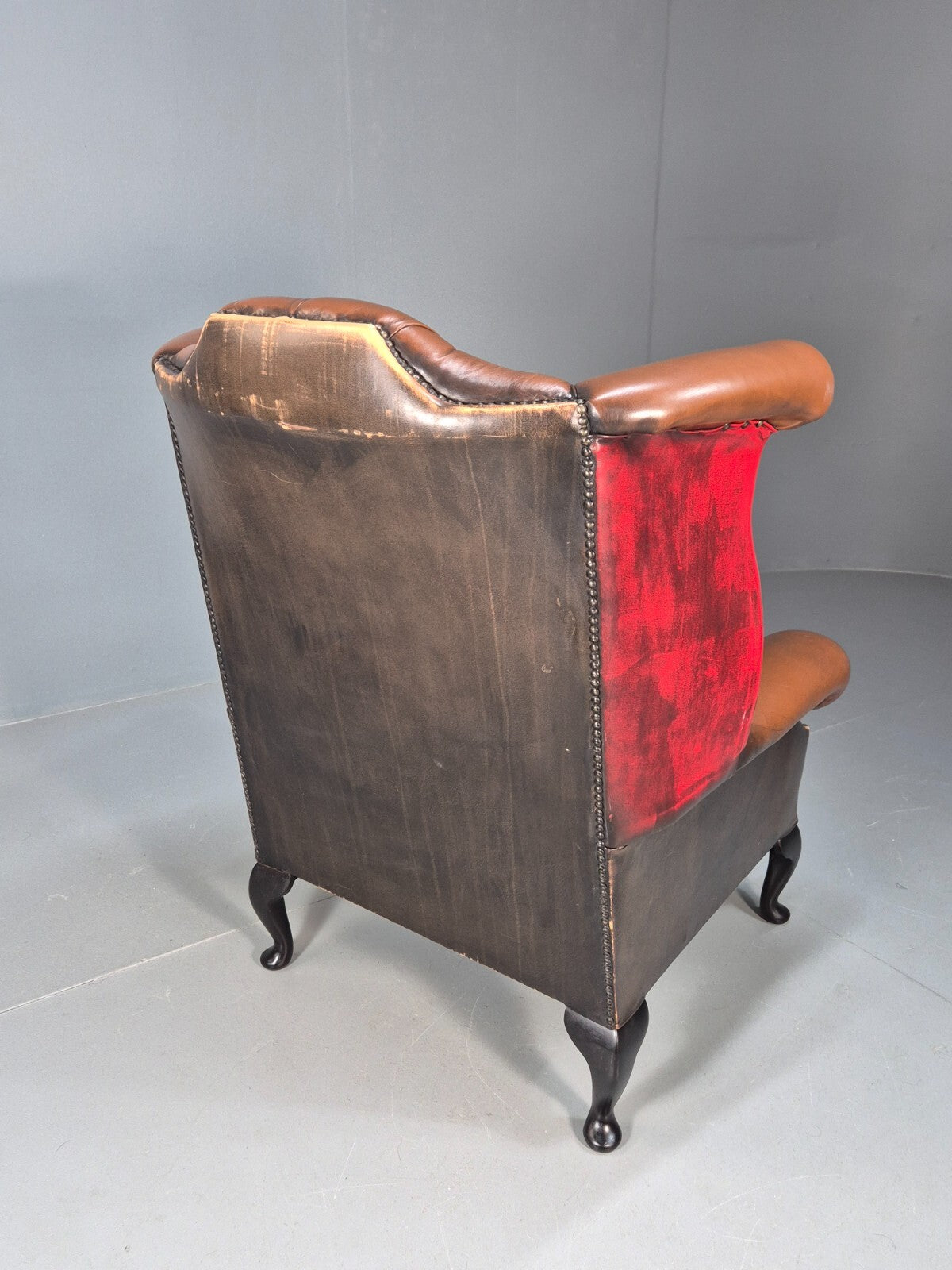 Vintage Leather Wingback Queen Anne Chair Brown 1980s Retro EB9543 VLEA - UKDK FURNITURE