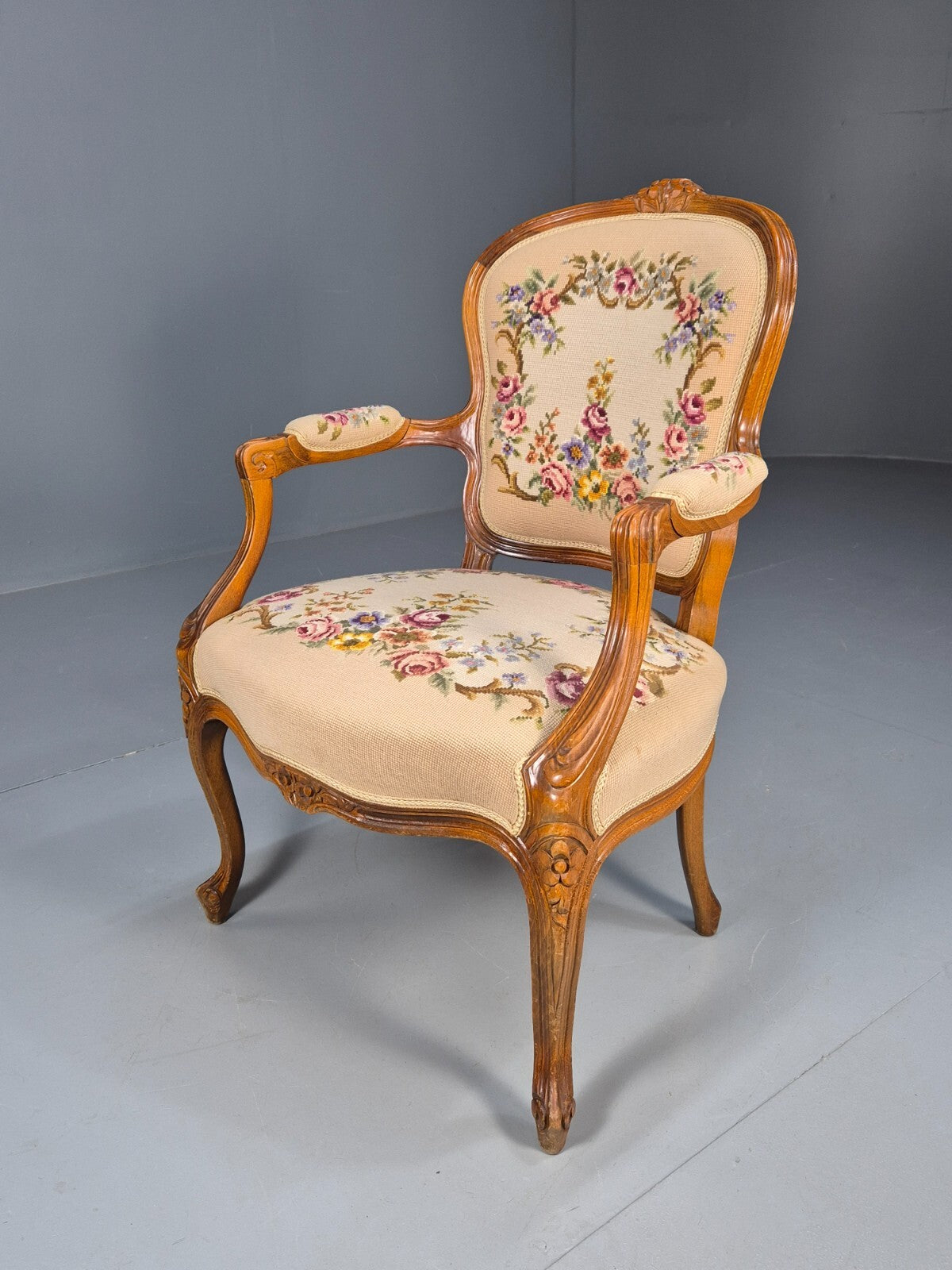 Vintage Armchair Embroidered Floral Pattern Louis XVI Style Beech EB9564 VCLO - UKDK FURNITURE