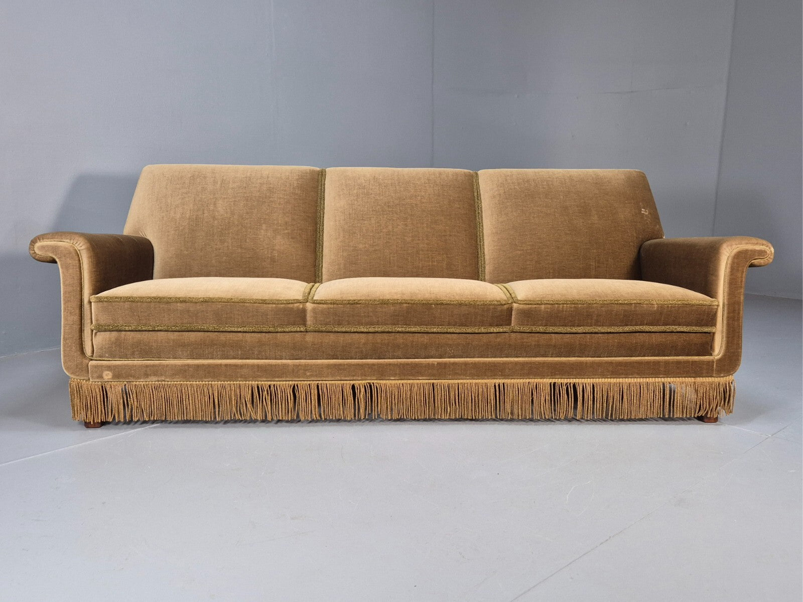 Vintage 3 Seater Sofa Green Velour Danish Mid Century Design Tassels EB9551 M3SS - UKDK FURNITURE