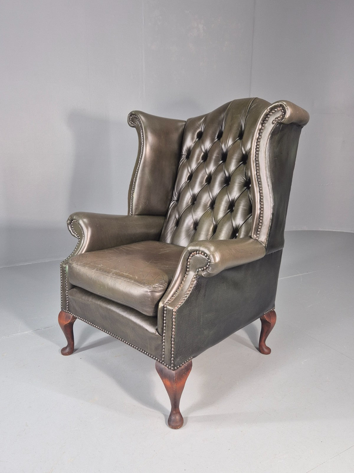 Vintage Wingback Leather Lounge Chair Queen Anne Style 1970s Retro EB11532 VLEA0