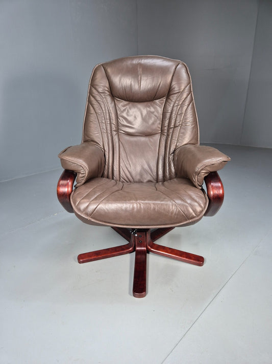 Vintage Reclining Swivel Chair Brown Leather Danish Stressless Style EB9234 MSWI - UKDK FURNITURE