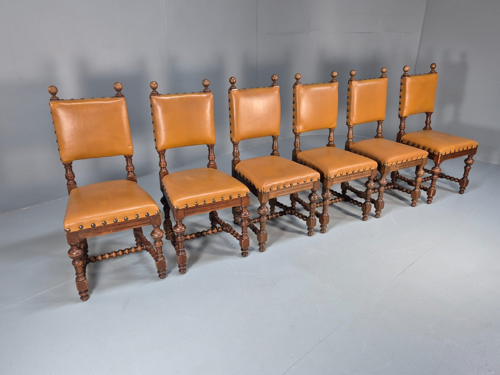 6 Vintage Danish Baroque Style Dining Chairs Tan Leather and Oak 50s EB9747 VDIN - UKDK FURNITURE