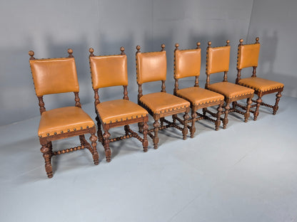 6 Vintage Danish Baroque Style Dining Chairs Tan Leather and Oak 50s EB9747 VDIN - UKDK FURNITURE